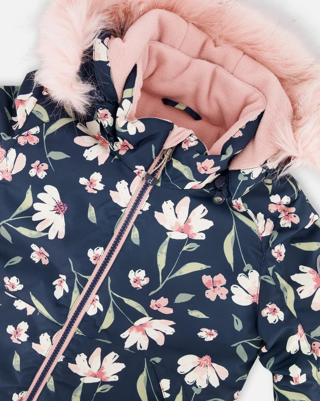 Close-up hood and faux fur trim of flower print Deux Par Deux snowsuit