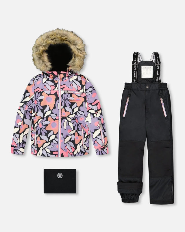 Two-Piece Play Snowsuit With Allover Print Jacket And Solid Pant Black | Deux par Deux | Jenni Kidz