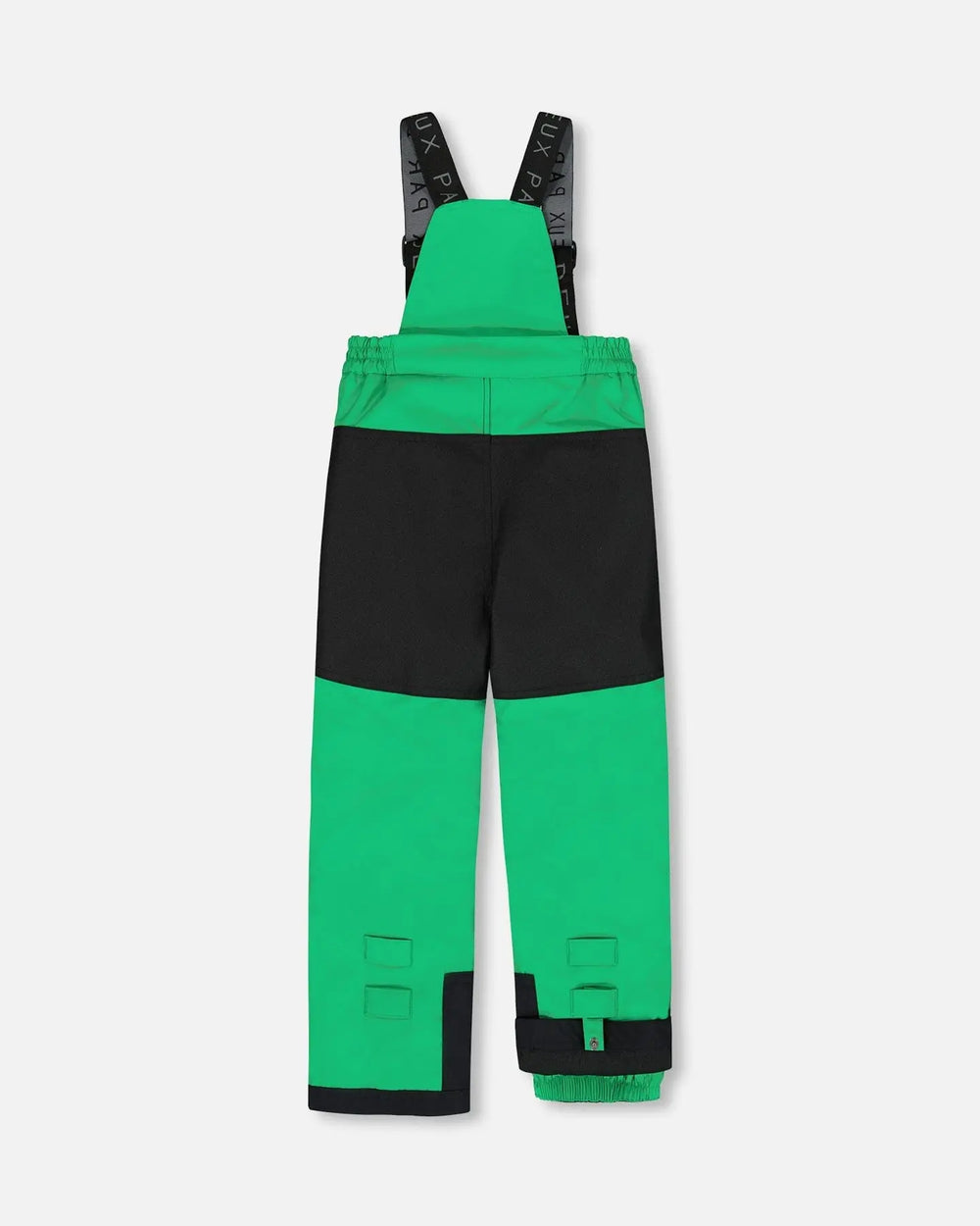 Close-up Cordura® knee on Deux Par Deux green bib pants, reinforced for durability