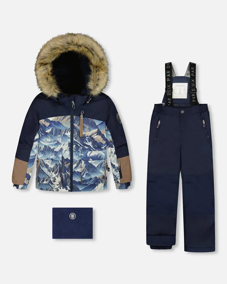 Two-Piece Play Snowsuit With Printed Colorblocked Jacket Navy Blue | Deux par Deux | Jenni Kidz