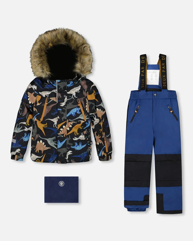 Deux Par Deux Two-Piece Play Snowsuit Dinosaurs Navy Blue set flat lay, waterproof to −30°C