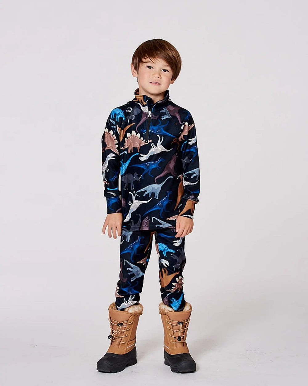 Two-Piece Thermal Underwear Seat Black Dinosaur Print | Deux par Deux | Jenni Kidz