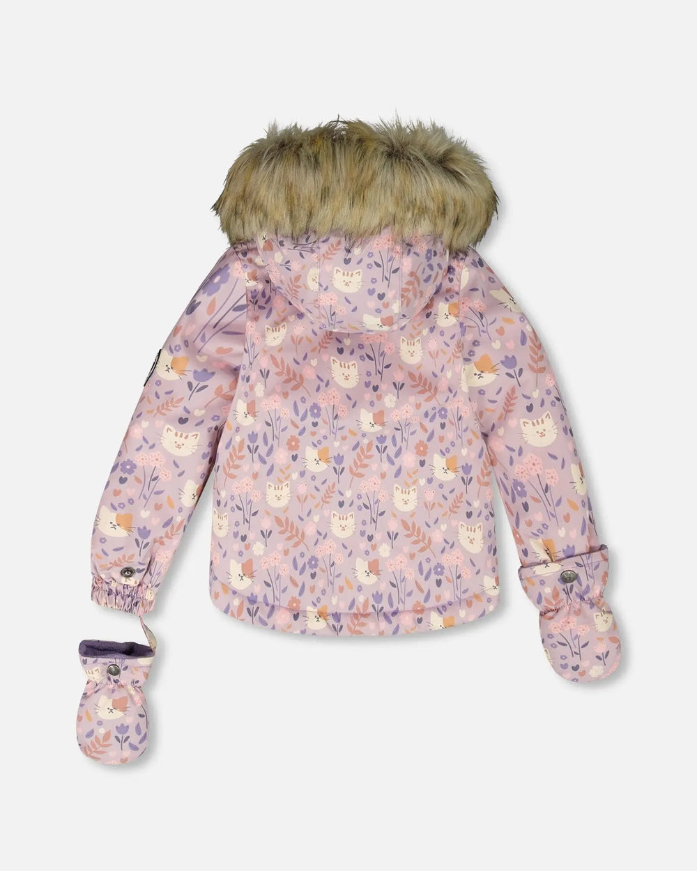 Back view of purple printed jacket with faux-fur hood, two-piece ski suit.