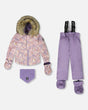 Infant jacket and snow pants set — purple printed jacket with gray bib pants, -30C warmth.
