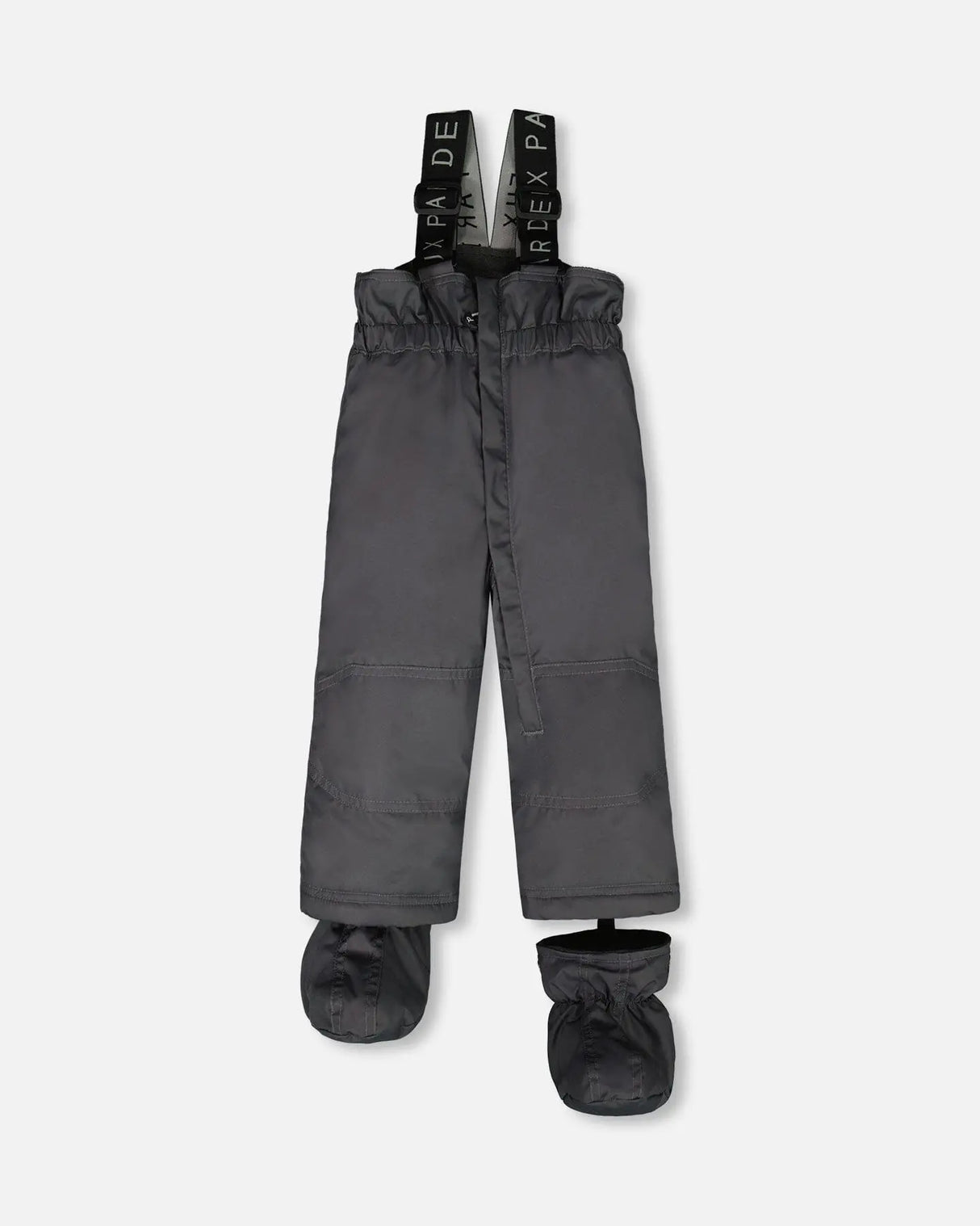Charcoal bib pants with Cordura knees and ankle snow guards, ready to ship — buy now.