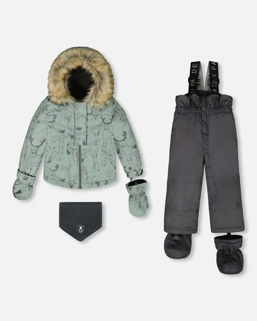 Infant jacket and snow pants set — printed sage green jacket with charcoal bib pants, −30C warmth.
