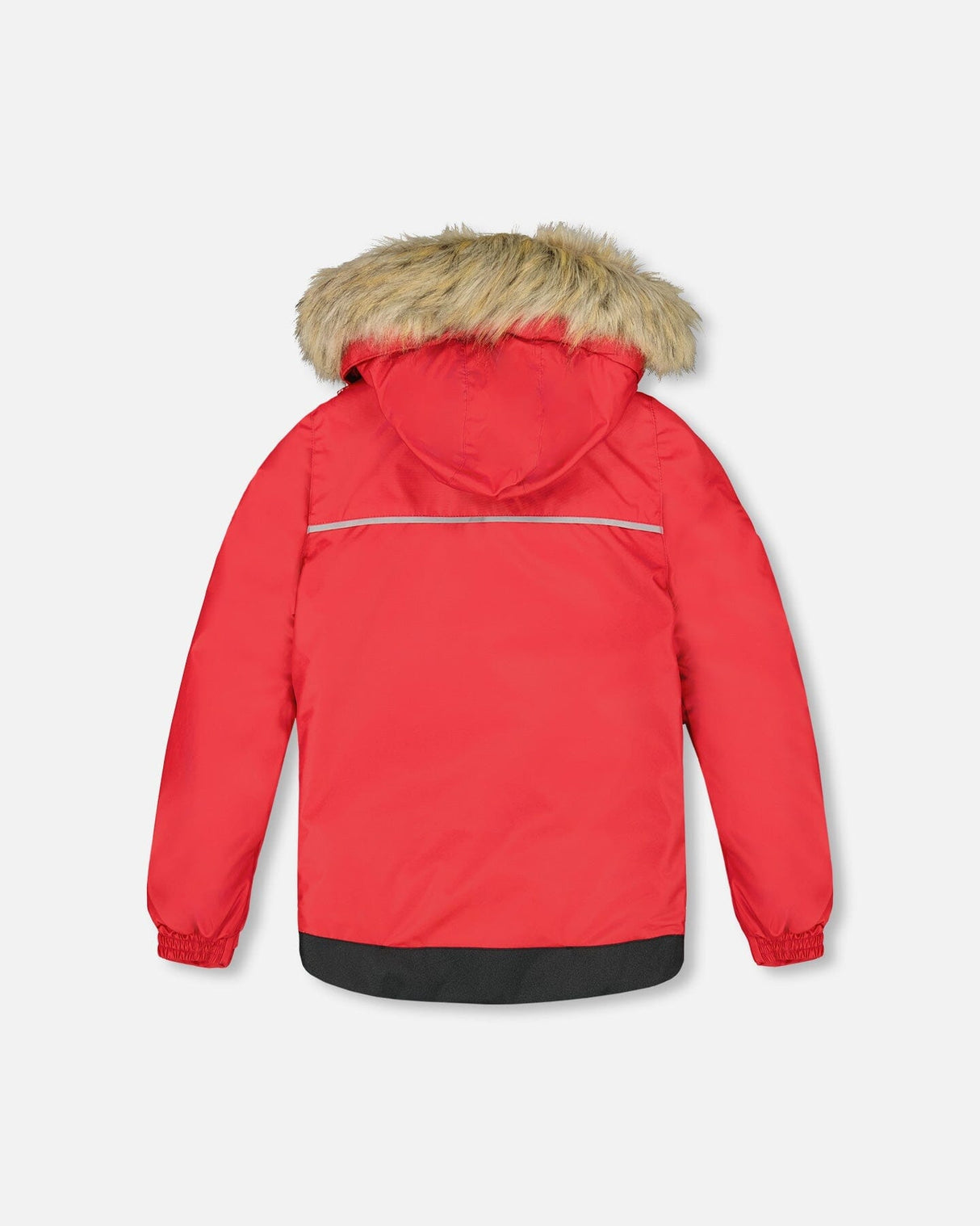 Back view of jacket and snow pants with suspenders, kids winter suit durability