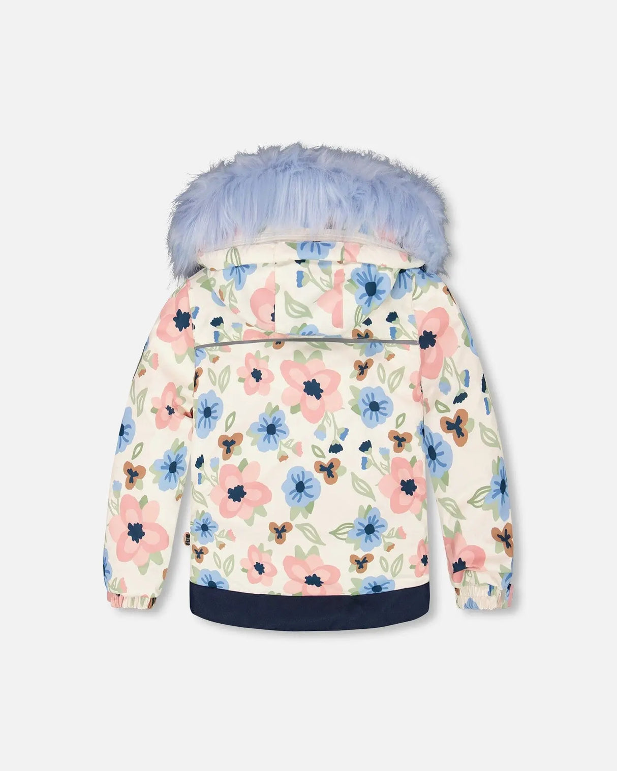 Back view of light-blue printed jacket with faux-fur hood, kids winter suit.
