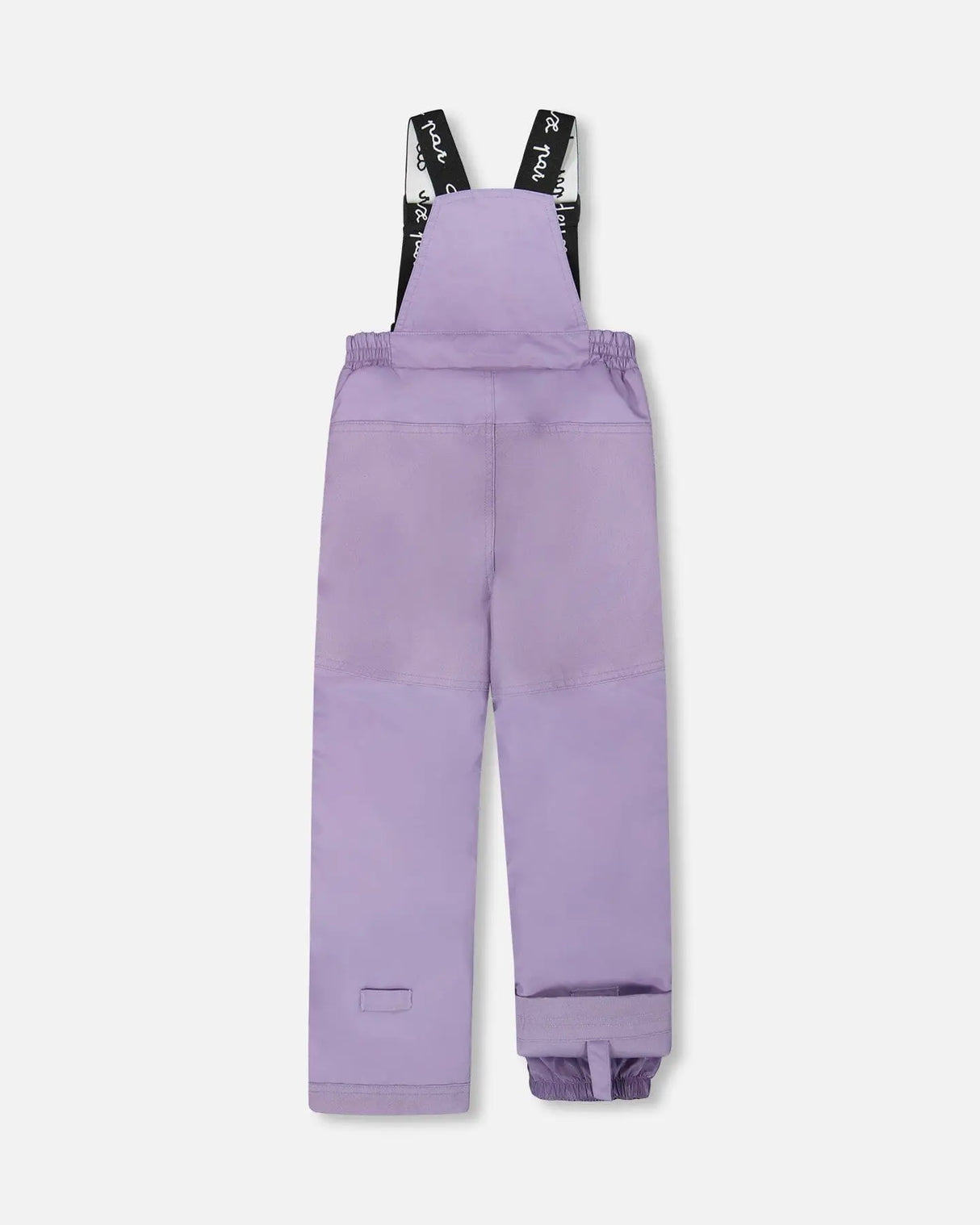 Purple bib pants with suspenders, snow guards, and reinforced panels.