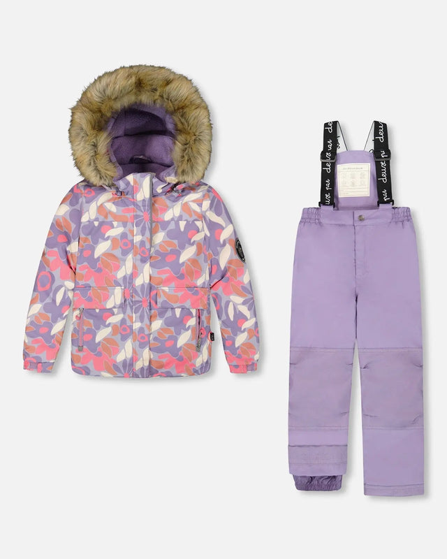 Flat lay of girls two-piece ski suit Purple/Gray jacket with matching pants.
