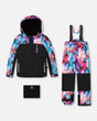 Girls two-piece ski suit — black butterfly-print jacket with black pants, waterproof to −30C.