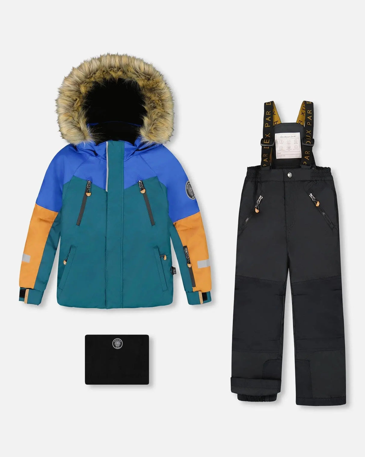 Boys black and blue snowsuit jacket and pants flat lay