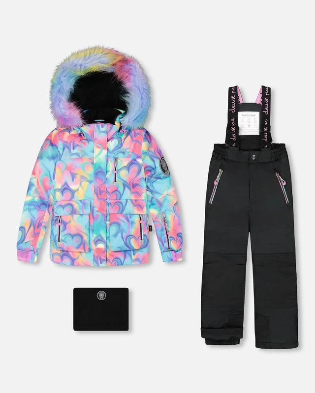 Girls two-piece ski suit — multicolor print jacket with black pants, waterproof to -30C.