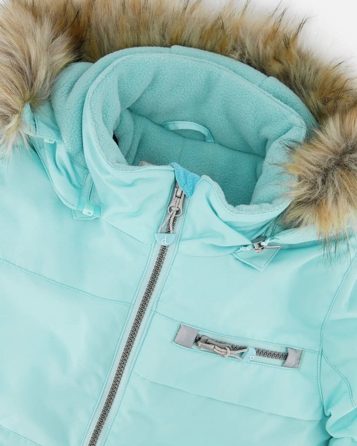 Closeup of waterproof zipper and faux-fur hood trim on Blue Flower jacket.