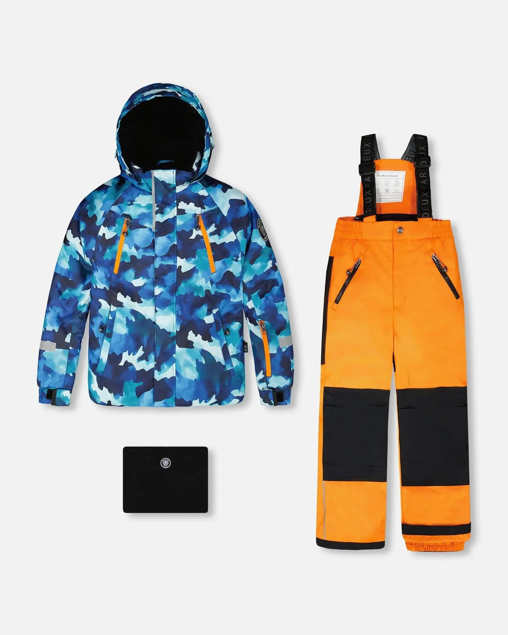 Boys two-piece ski suit — blue camo jacket with bright orange pants, waterproof to −30C.