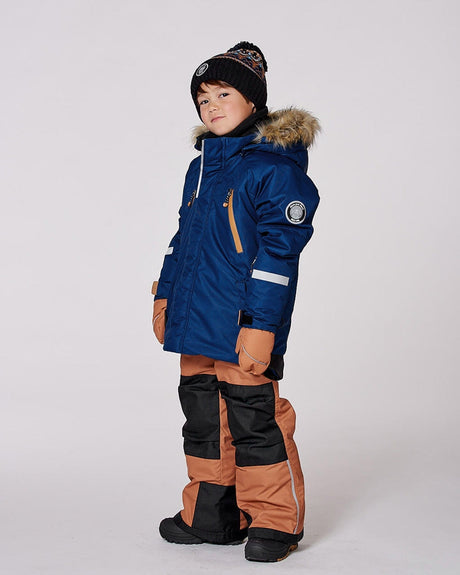 Deux par Deux boys snowsuit navy jacket + brown bib snow pants — order now