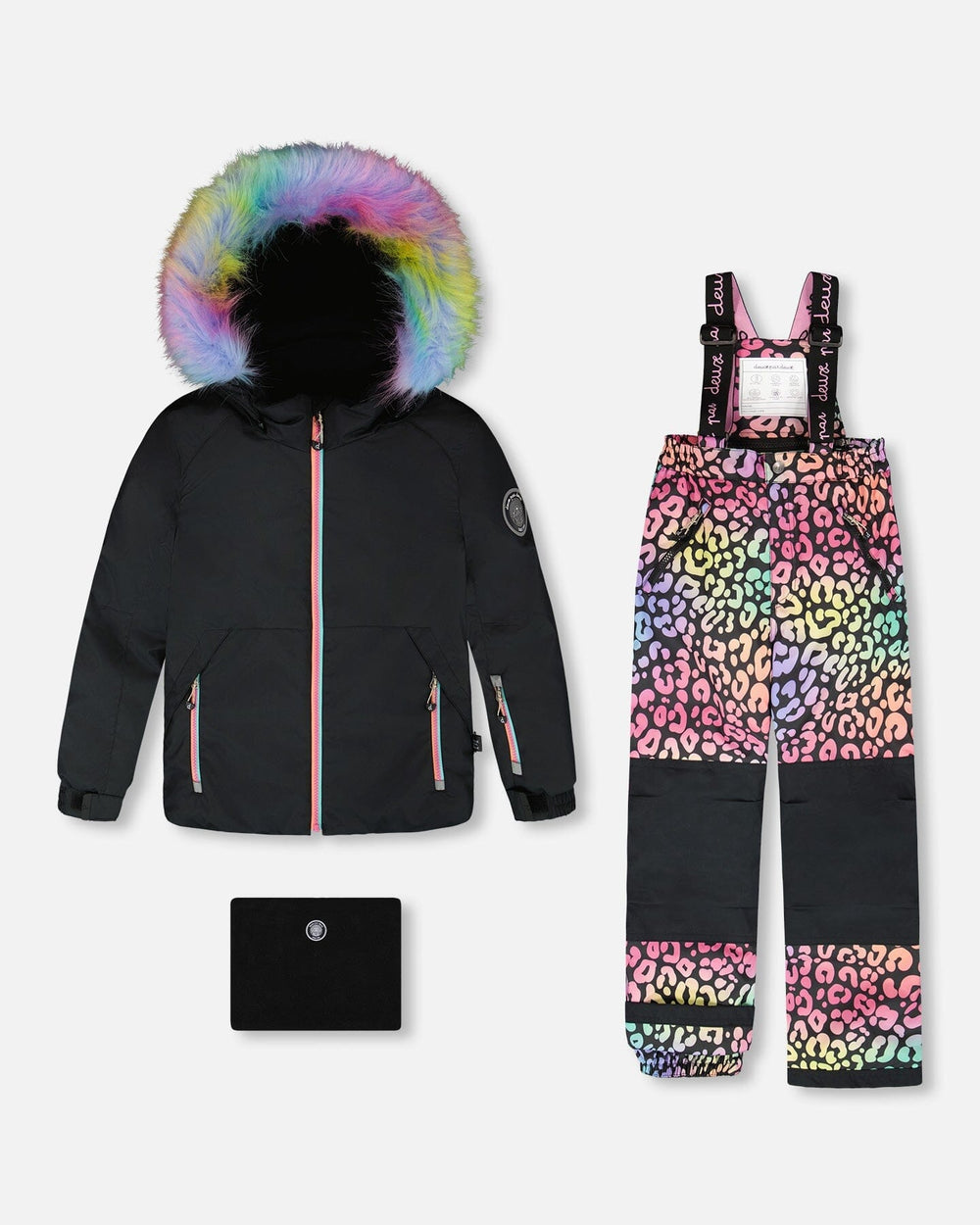 Girls two-piece ski suit — rainbow leopard jacket with black pants, waterproof to -30C.