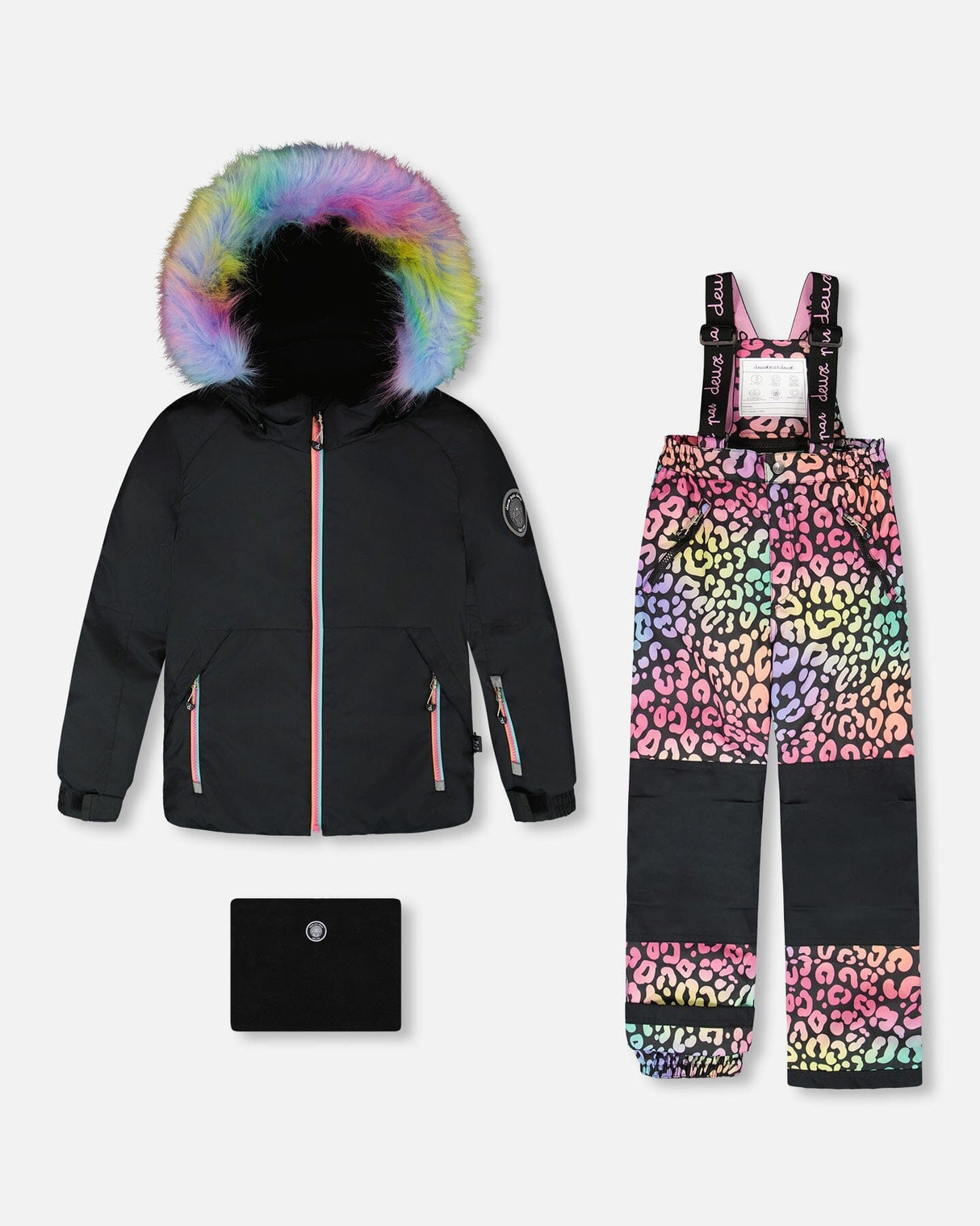 Girls two-piece ski suit — rainbow leopard jacket with black pants, waterproof to -30C.