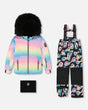 Girls two-piece ski suit — rainbow Smiley Face jacket with black pants, waterproof to -30C.