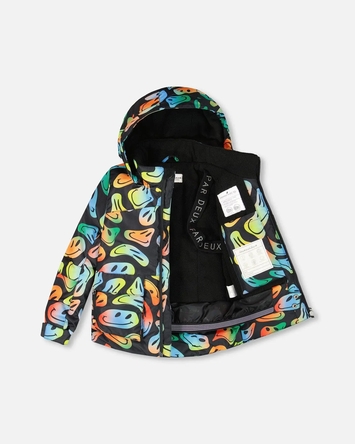 Inside of jacket showing fleece lining, wind flap, and pass pocket — kids winter suit.