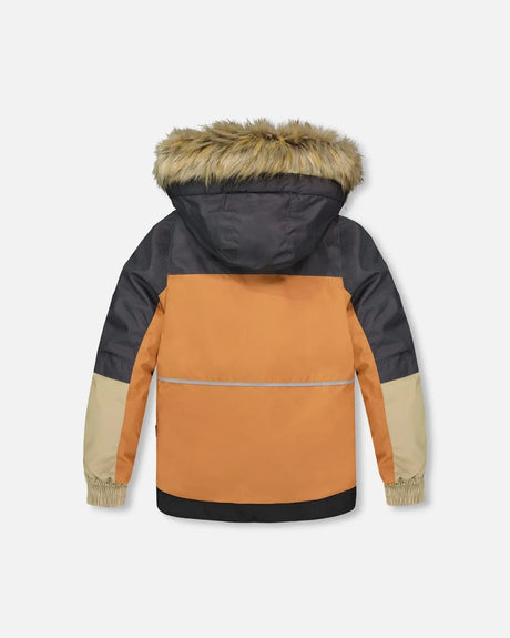 Back view of jacket with storm flap and faux-fur hood, kids winter suit.