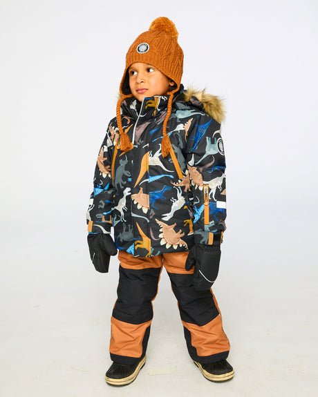 Boys two-piece ski suit — dinosaur print jacket with brown/orange pants, waterproof to −30C.