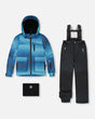 Boys snowsuit two-piece set with printed jacket and black pants, front view