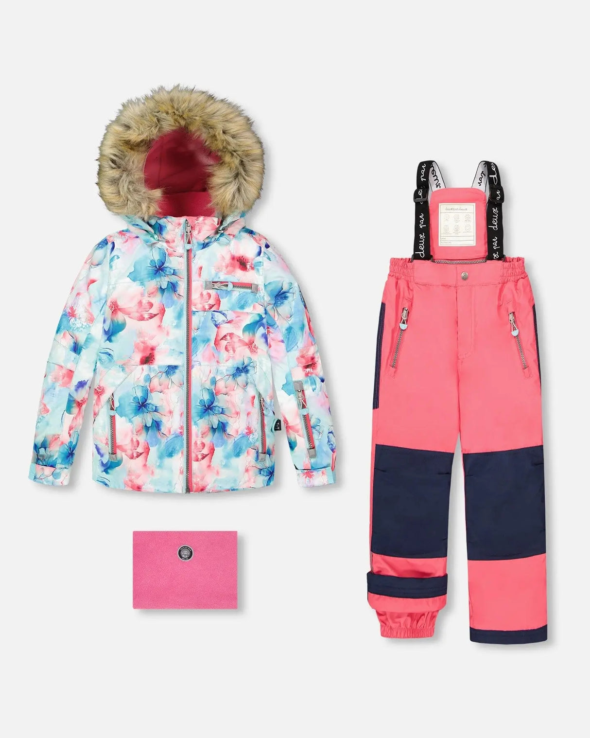 Flat lay two-piece ski suit with flash-coral floral jacket and navy pants.