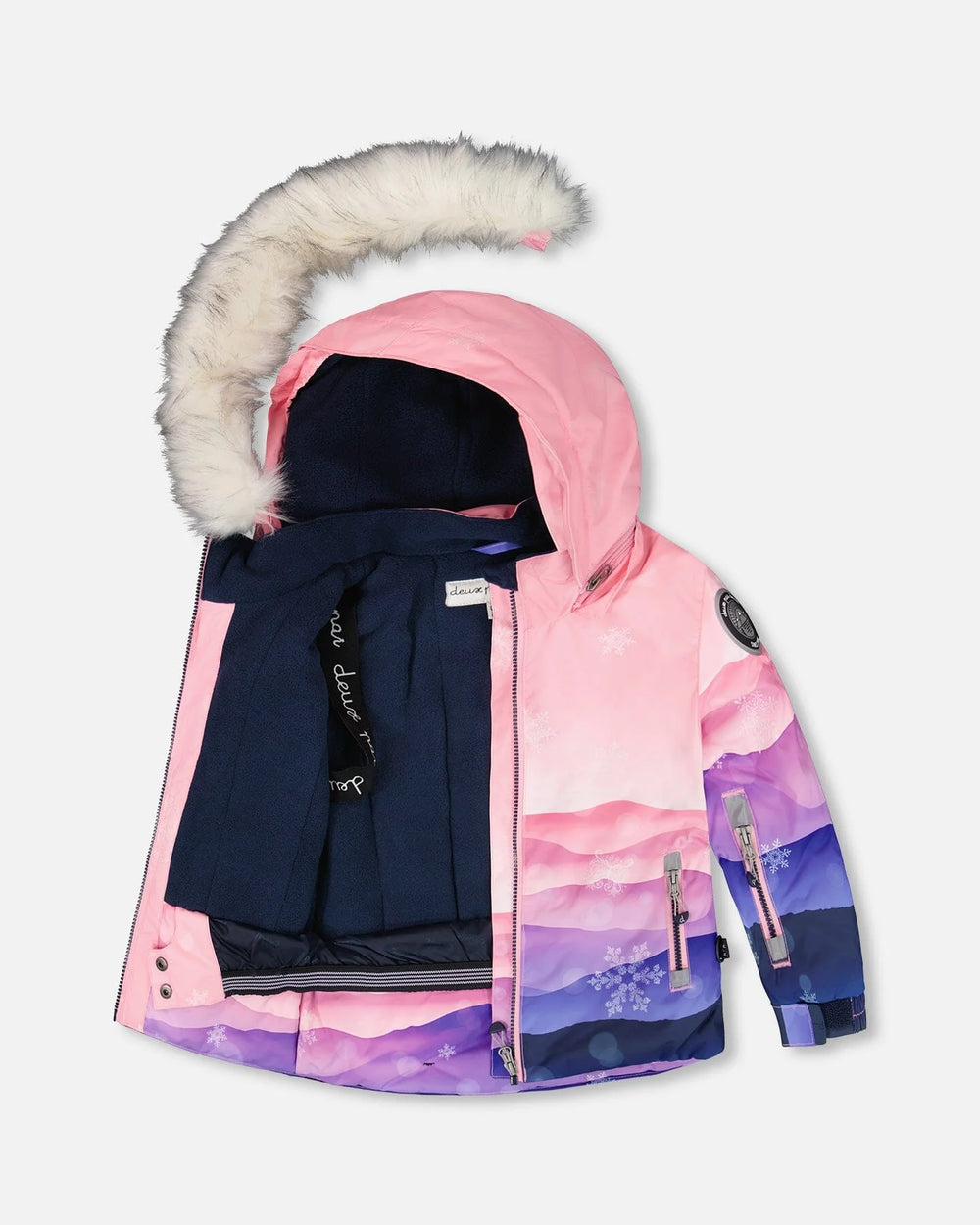 Inside of jacket showing fleece lining, wind flap, and pass pocket — kids winter suit.