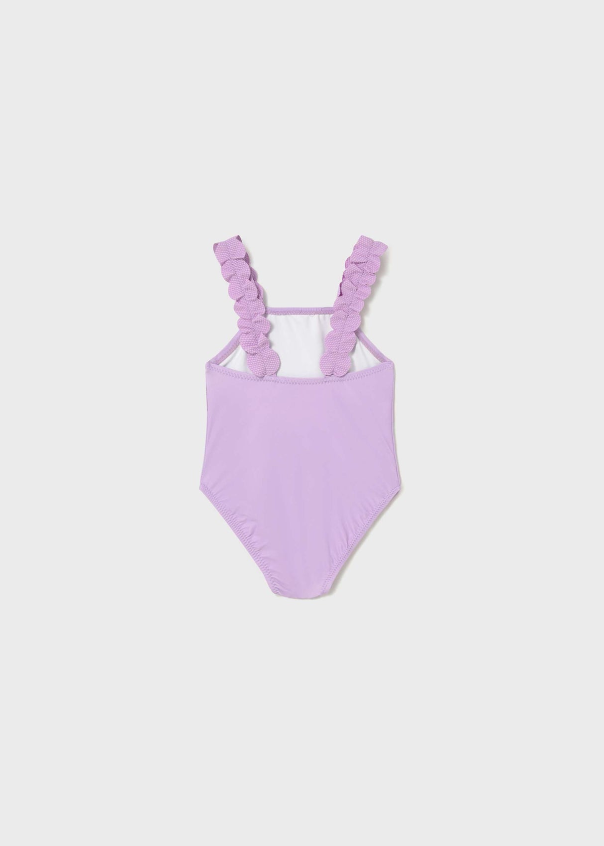Back view of Mayoral baby girl Lilac one-piece swimsuit with stretch swim fabric.