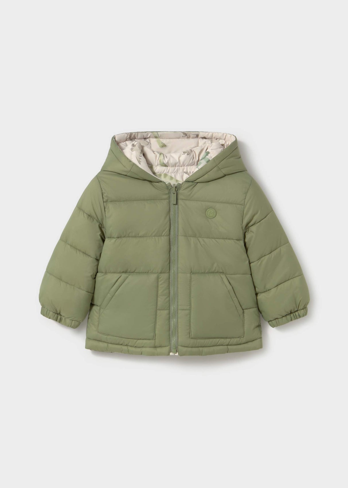 Mayoral baby boy reversible puffer jacket showing solid Olive Green side with hood and quilted puffer shape.
