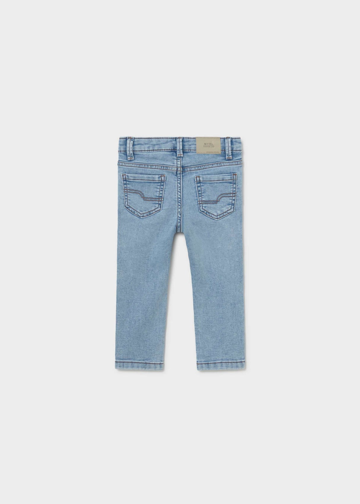 Back view of Mayoral baby slim fit jeans showing Light Blue denim wash and pocket details.