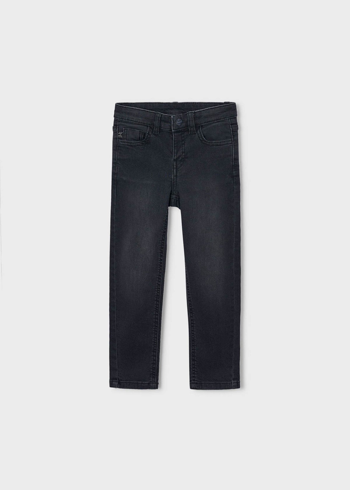 Black Mayoral boys jeans with belt loops, flat view