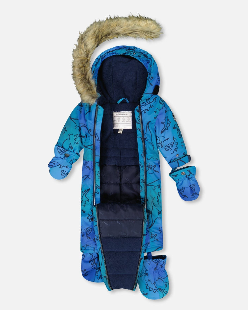 Front view of the Deux par Deux one-piece baby snowsuit in gradient blue