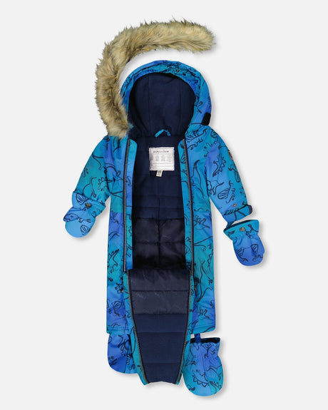 Front view of the Deux par Deux one-piece baby snowsuit in gradient blue