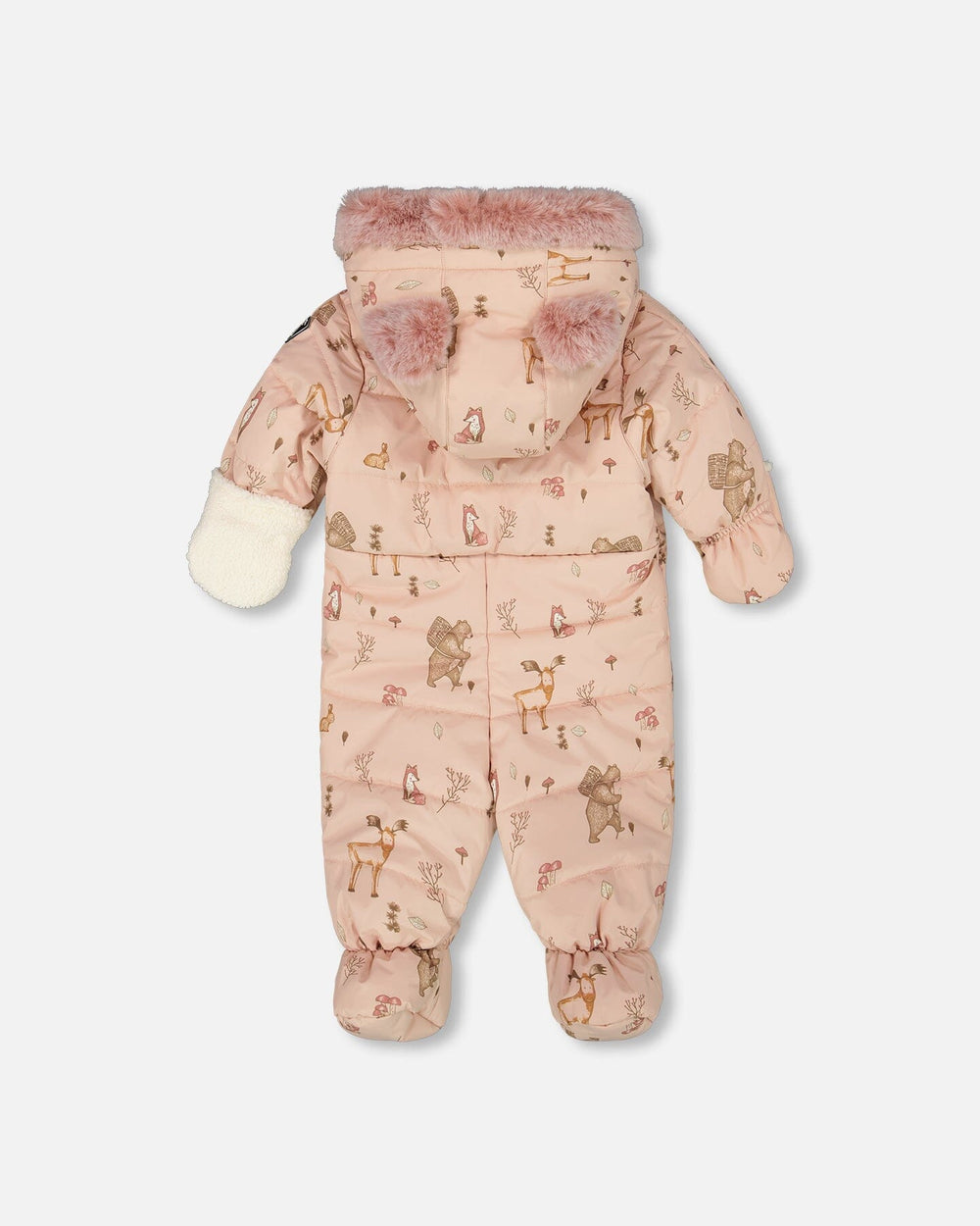 Back view of the pink animal print infant snowsuit showing quilting and included booties