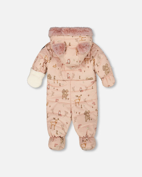 Back view of the pink animal print infant snowsuit showing quilting and included booties
