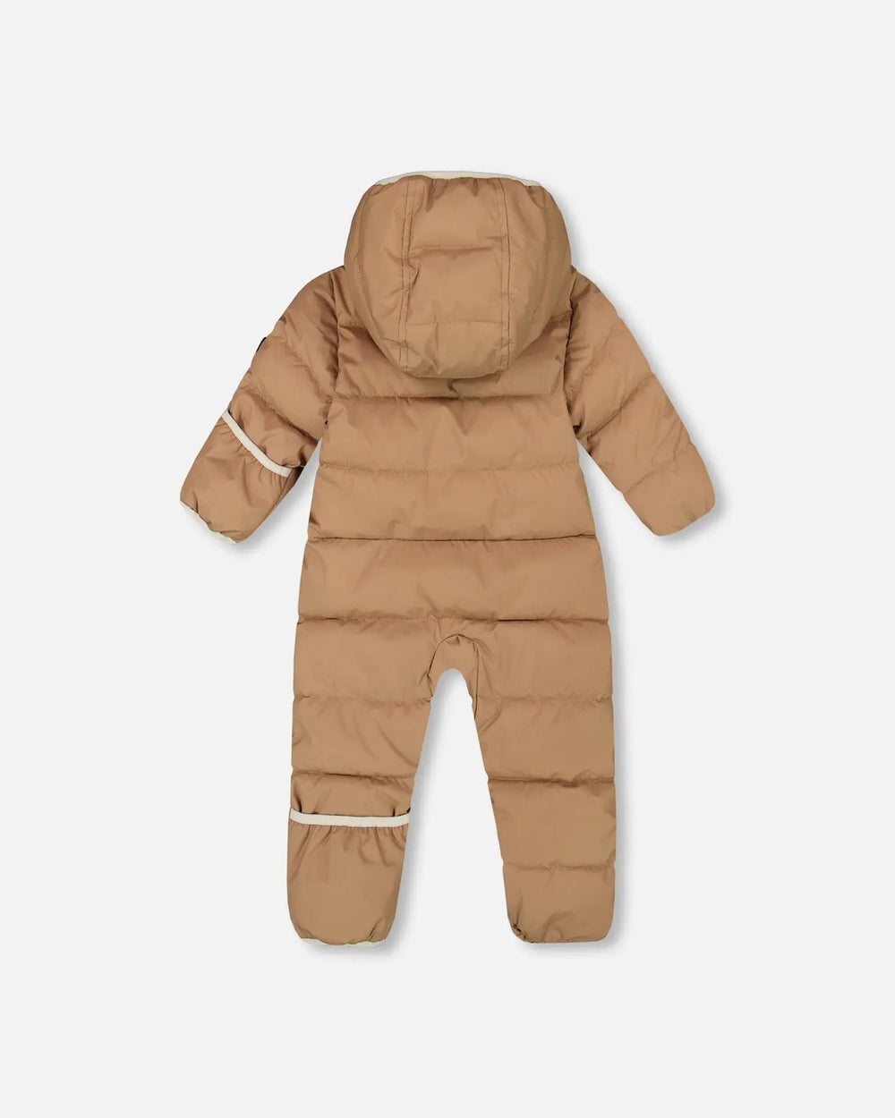 Back view of Deux Par Deux one-piece baby snowsuit in chanterelle