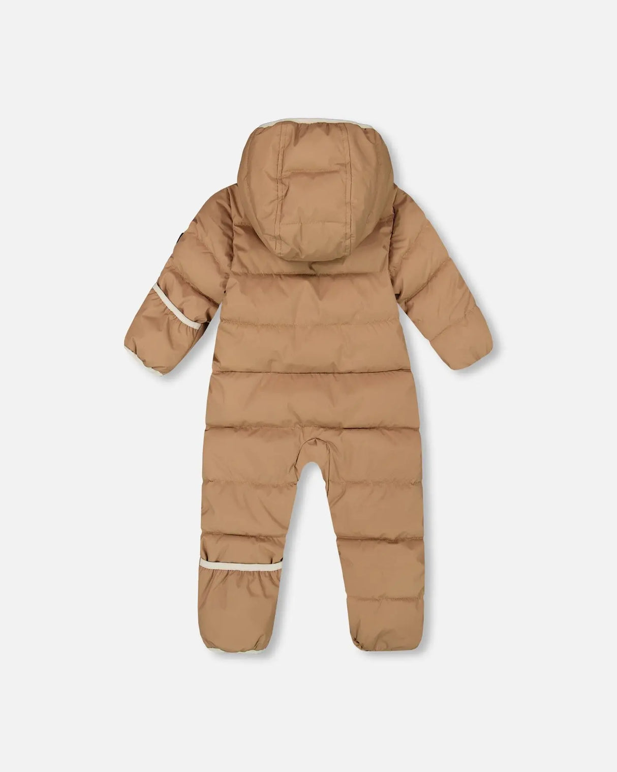 Back view of Deux Par Deux one-piece baby snowsuit in chanterelle