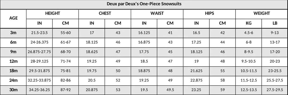 Size chart for Deux Par Deux Baby Cloud snowsuit in chanterelle