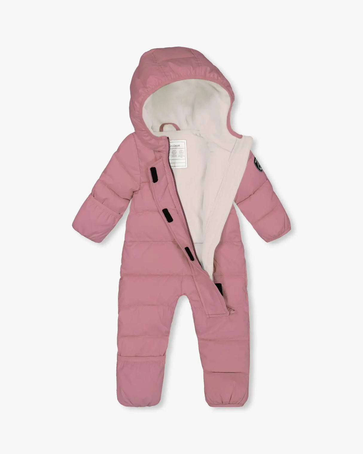 Dusty pink baby snowsuit with fleece-lined hood
