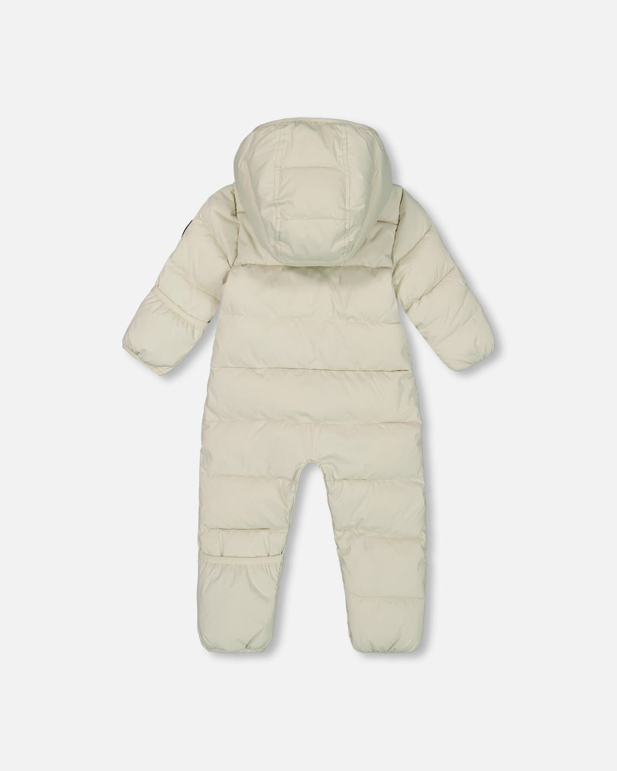 Back view of Deux Par Deux one-piece baby snowsuit off-white