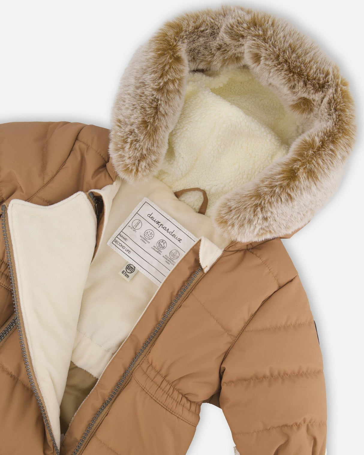 Close-up of velour lining and sherpa hood baby snowsuit