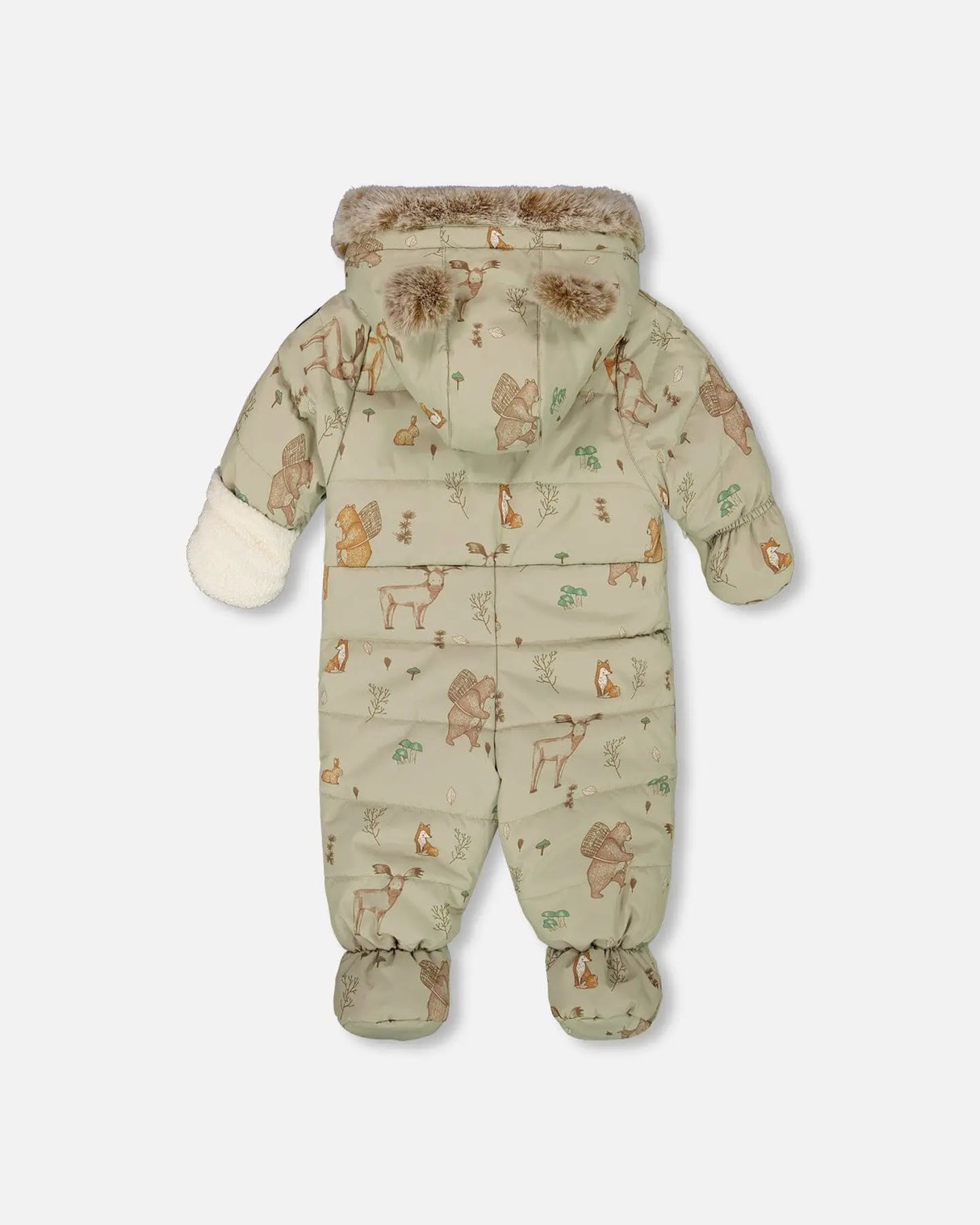 Back view of the green animal snowsuit showing quilting and zipper closure