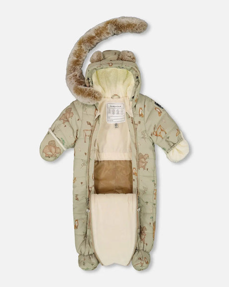 Flat lay of the snowsuit with hood down and removable booties attached