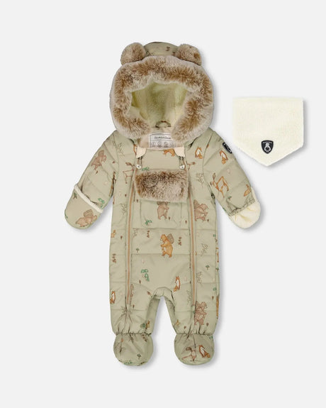 Flat lay front view of the Deux par Deux Baby Layette Snowsuit in green animal print with sherpa hood