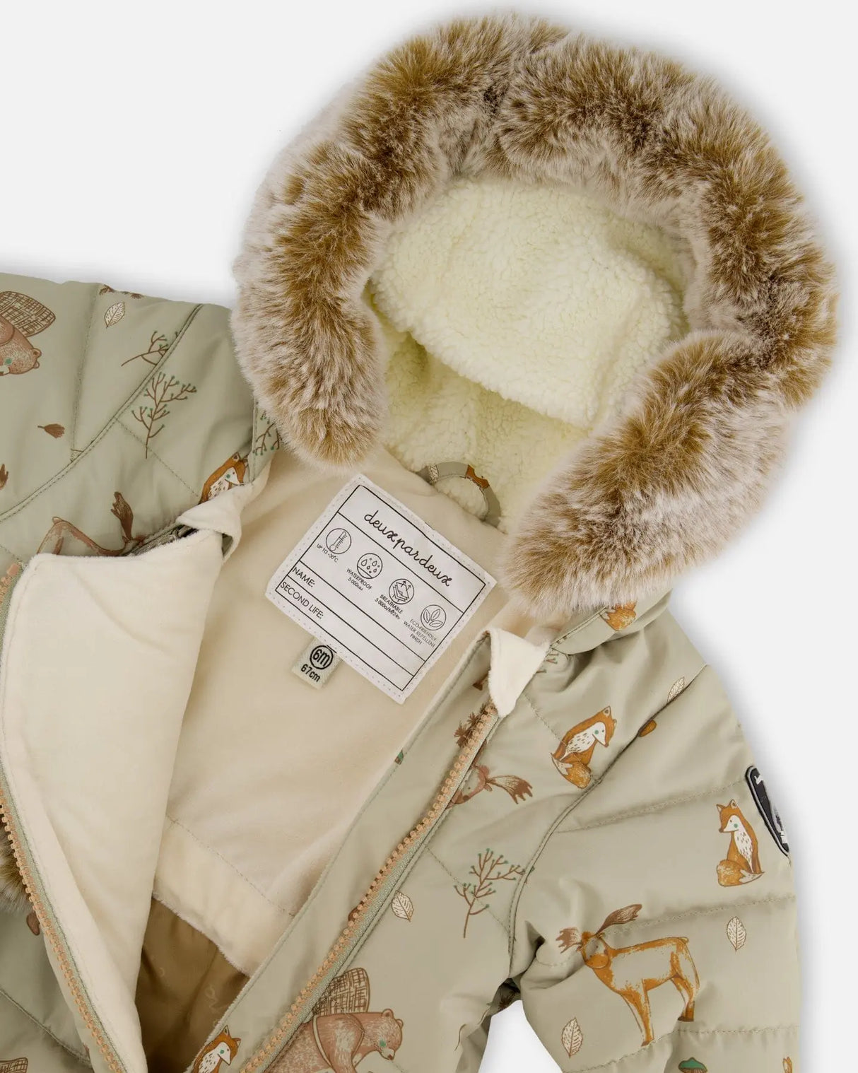 Detail shot of faux fur hood lining and chin guard on the Baby Layette snowsuit