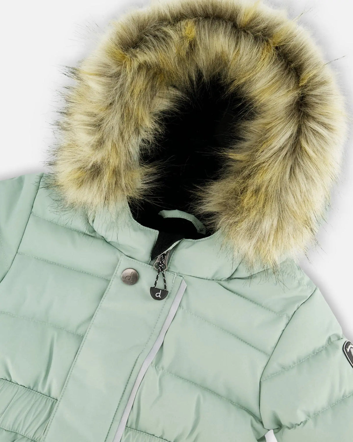 Close-up faux fur hood and fleece lining sage green baby snowsuit