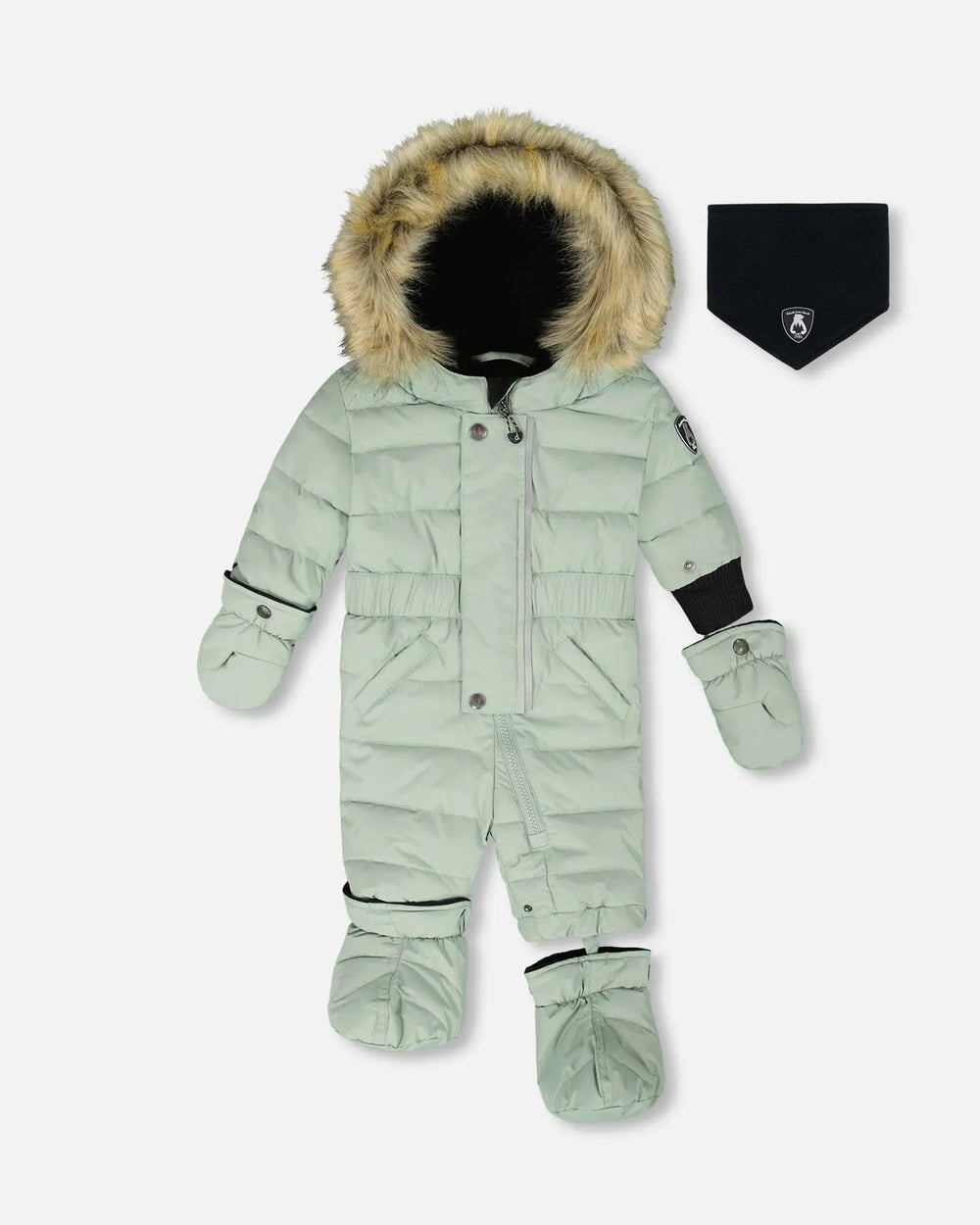 Deux Par Deux One-Piece Baby Original Puffy Snowsuit Sage Green with mitts and boots