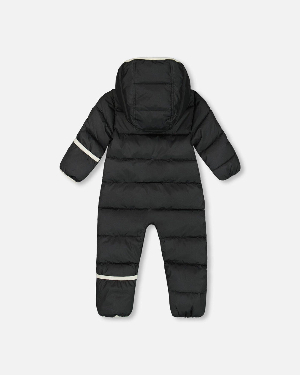 Side and back view of the Deux par Deux car seat compatible baby snowsuit black print